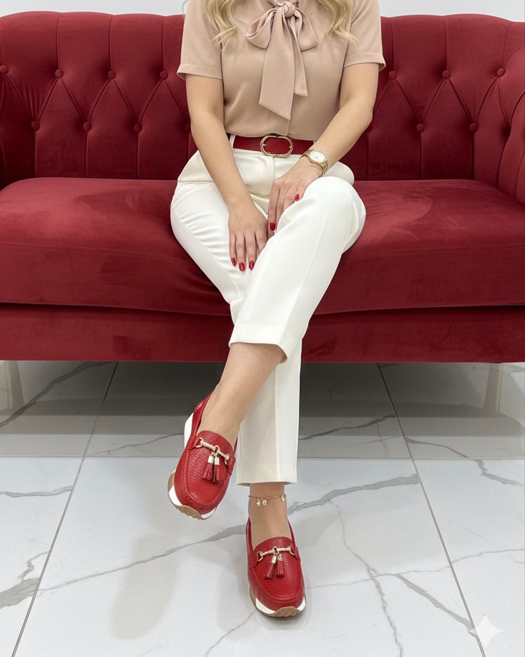 Mocasín Scarlet rojo cuero mujer look completo | Maryori López