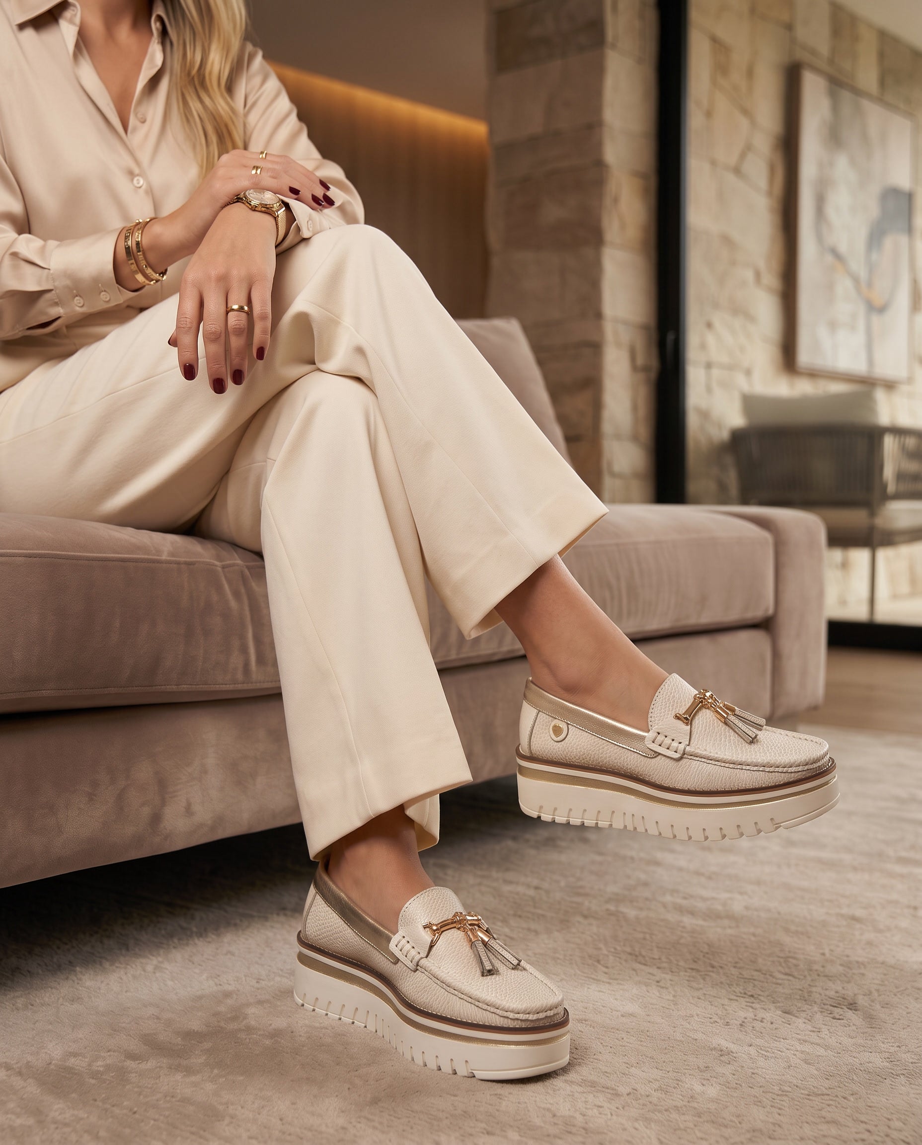 Women's Beige Leather Pamela Loafers | Maryori López
