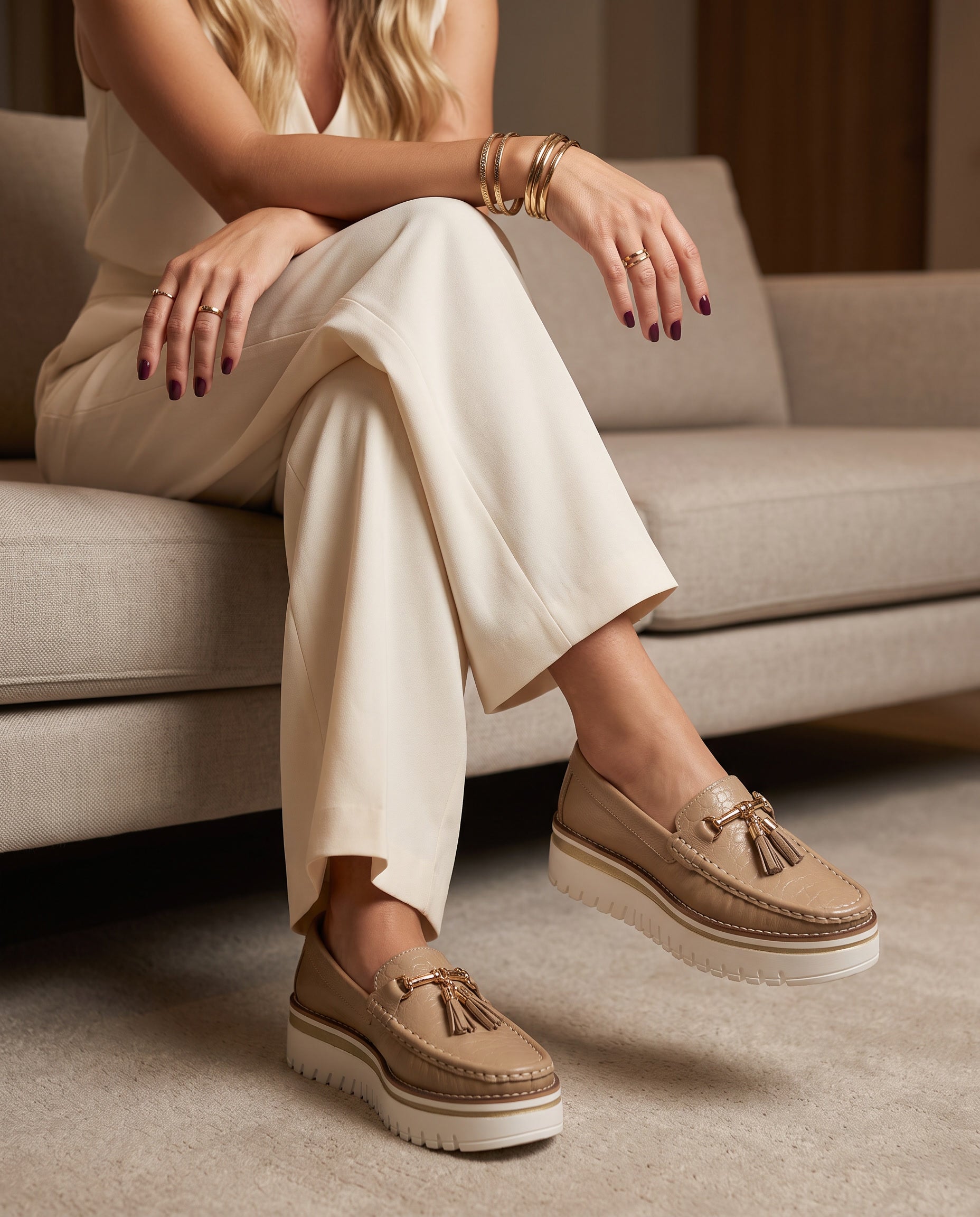 Women's Beige Leather Paola Platform Loafers | Maryori López