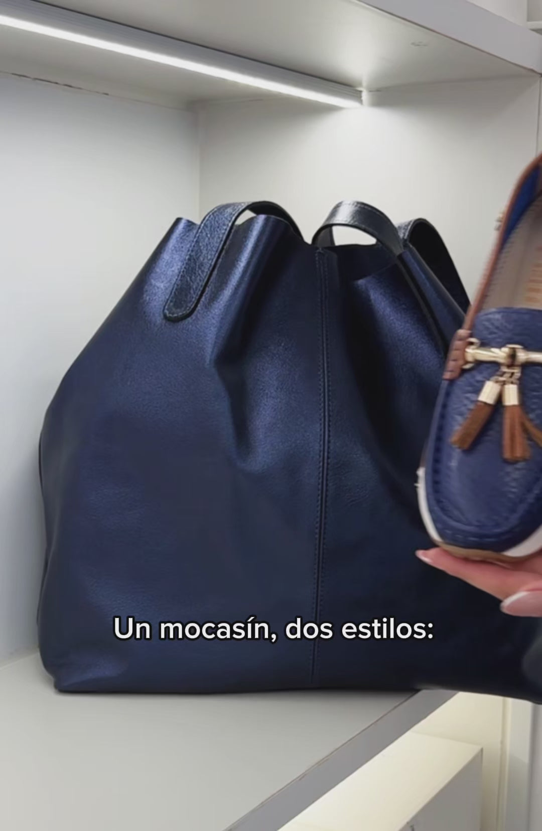Video mocasín Amalia azul camel cuero natural mujer | Maryori López