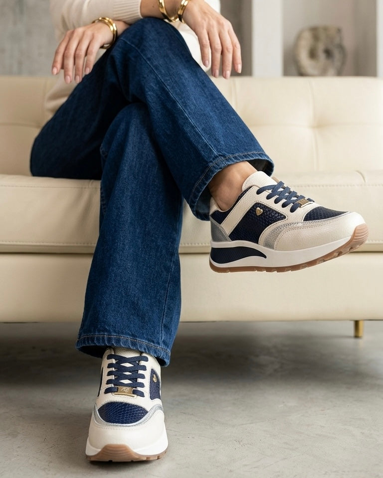 Zapatilla Brigitte azul cuero natural mujer plataforma | Maryori López