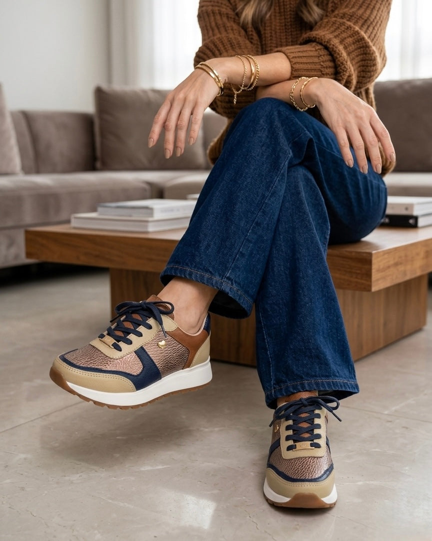 Zapatilla Carol azul detalles camel cuero natural mujer | Maryori López
