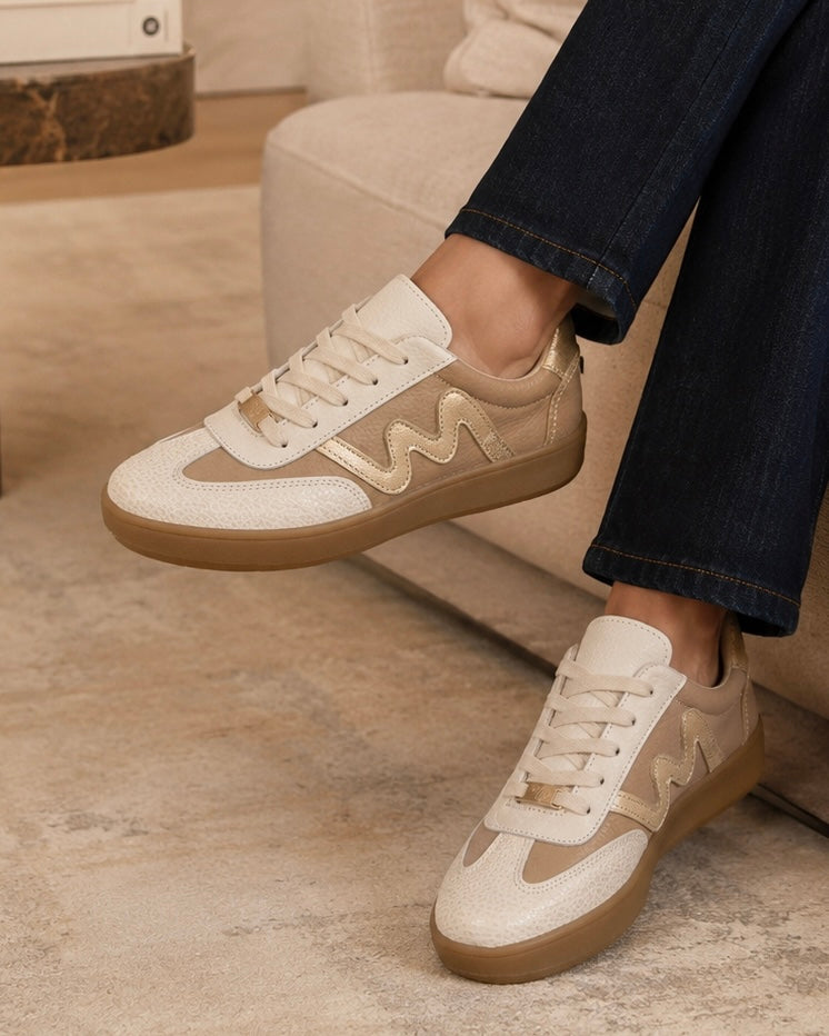 Zapatilla Claudia taupe dorado crema cuero natural mujer | Maryori López