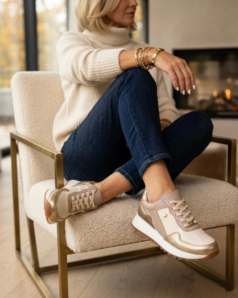 Zapatilla Joya dorado taupe crema cuero natural mujer | Maryori López