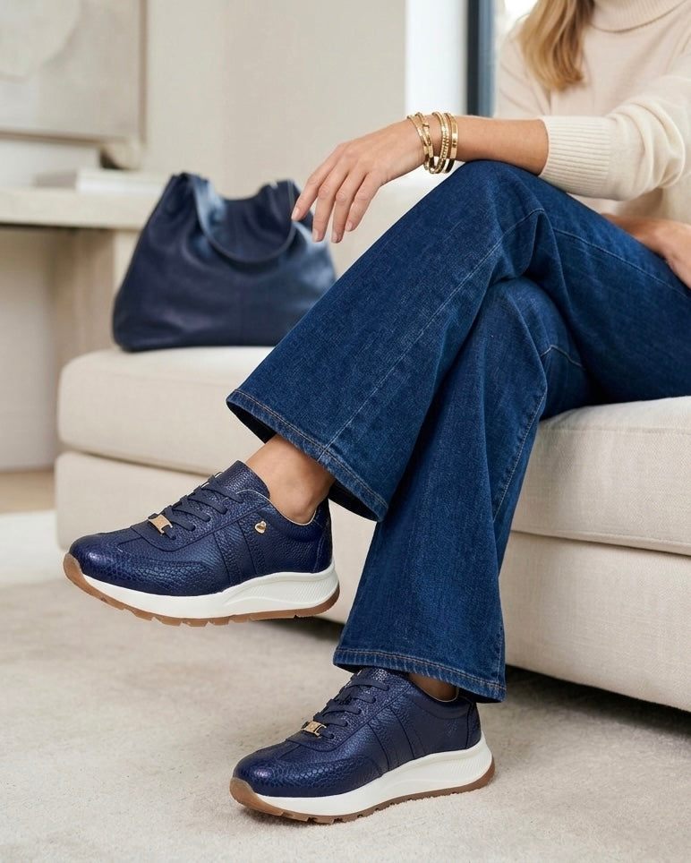 Zapatilla Karla azul cuero natural mujer plataforma | Maryori López