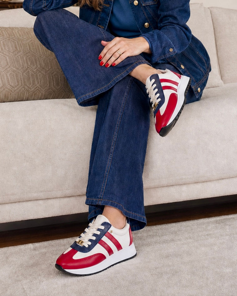 Zapatilla Luciana rojo azul blanco cuero natural mujer | Maryori López