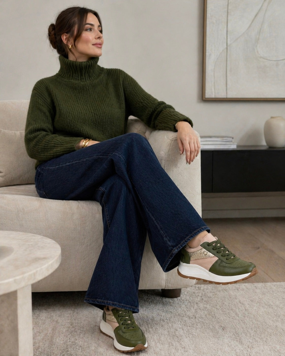 Zapatilla Rebeca verde cuero mujer look completo | Maryori López