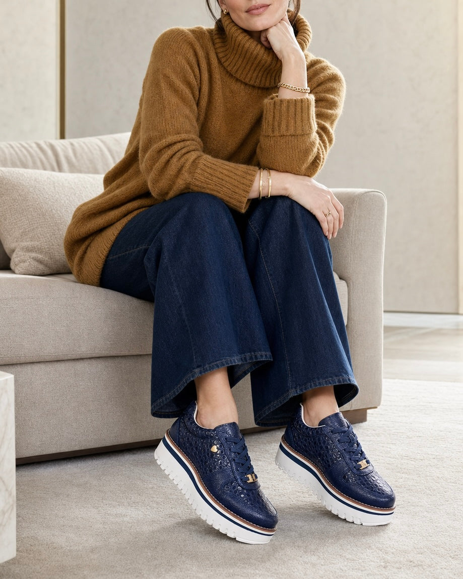 Zapatilla Riviera azul cuero natural mujer plataforma | Maryori López