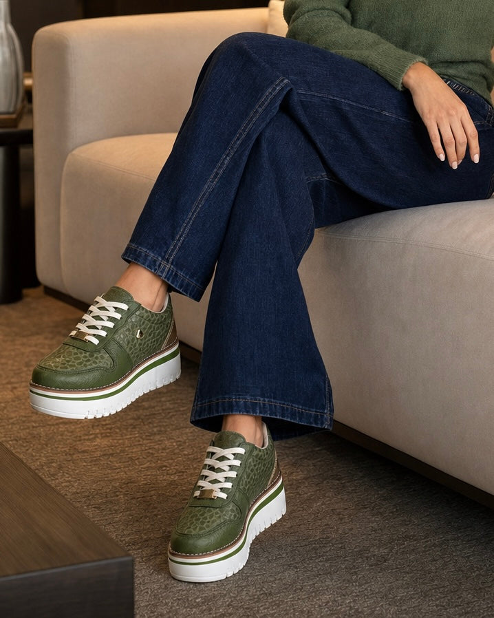 Zapatilla Riviera verde cuero natural mujer plataforma | Maryori López