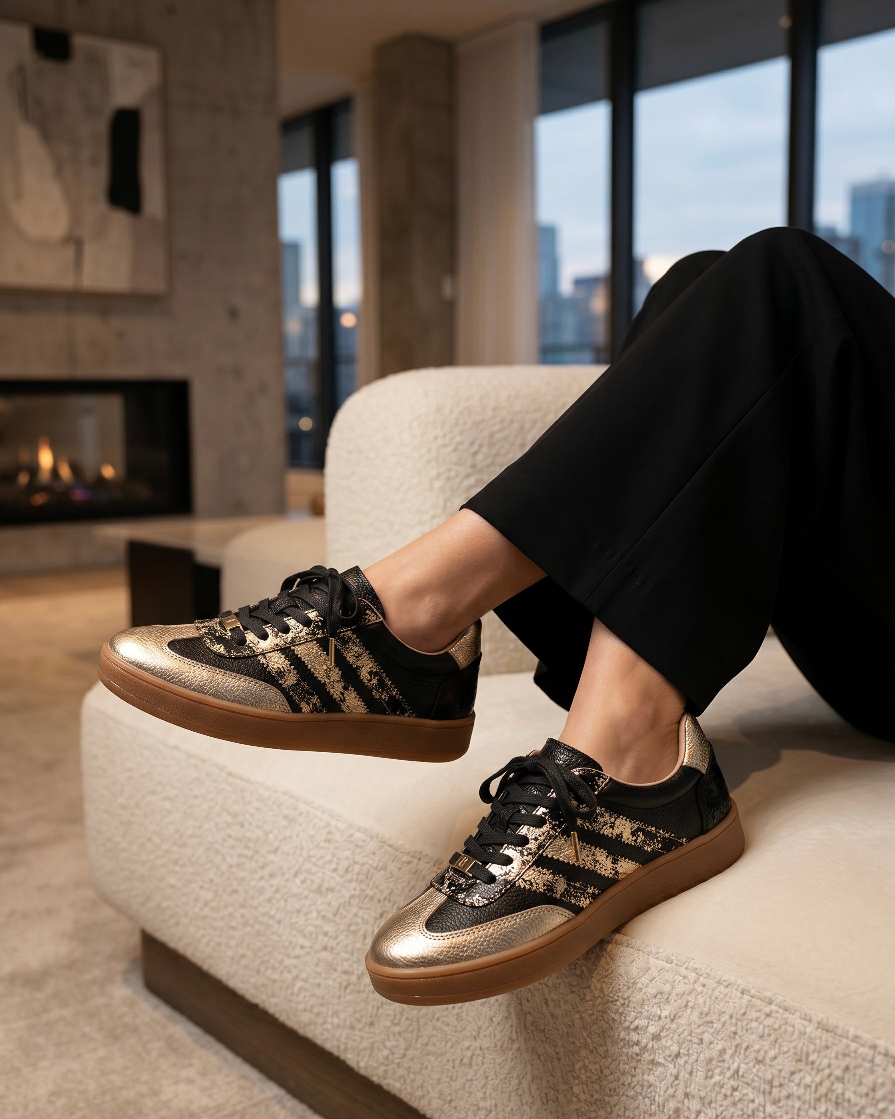 Zapatilla Verónica negro detalles dorados cuero natural mujer | Maryori Lopez