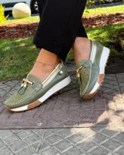 Mocasines de cuero verde Isabella para mujer – Calzados Maryori López