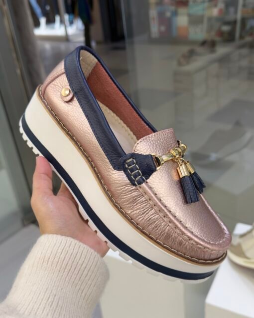 Mocasín Cecilia Oro Rosa Plataforma Cuero Mujer | Maryori López