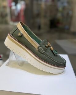Mocasín Isabella Verde Plataforma Cuero Mujer | Maryori López